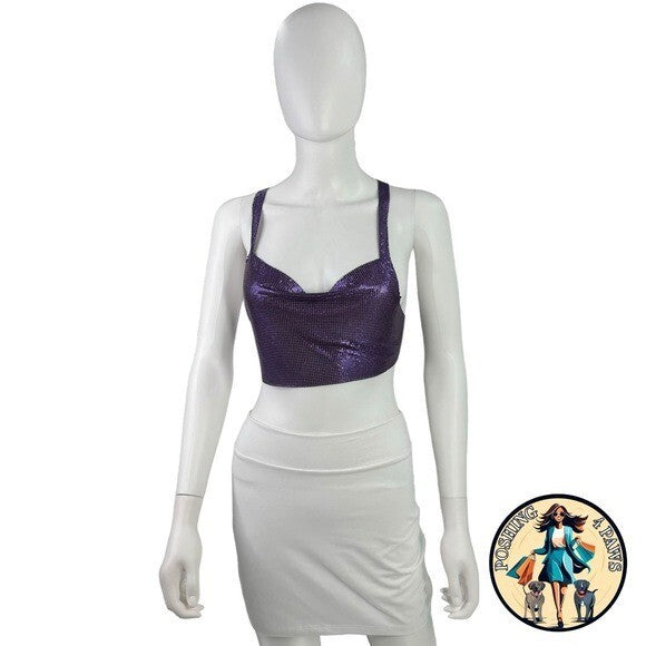 FANNIE SCHIAVONI Hailey Mesh Metallic Festival Draped Crop Top in Purple Size S