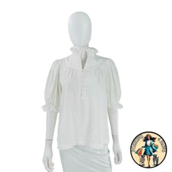 Pomander Place | NEW White Selena Short Puff Sleeve Ruffle Collar Blouse Size S