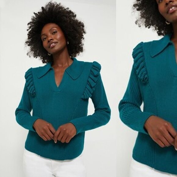 Tuckernuck NEW Hyacinth House Teal Ruffle Casey Collared V-Neck Sweater Size XS