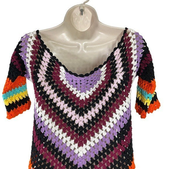 Alix Pinho | NEW Hastanking Open Knit Crochet Mini Dress in Multicolor Size M