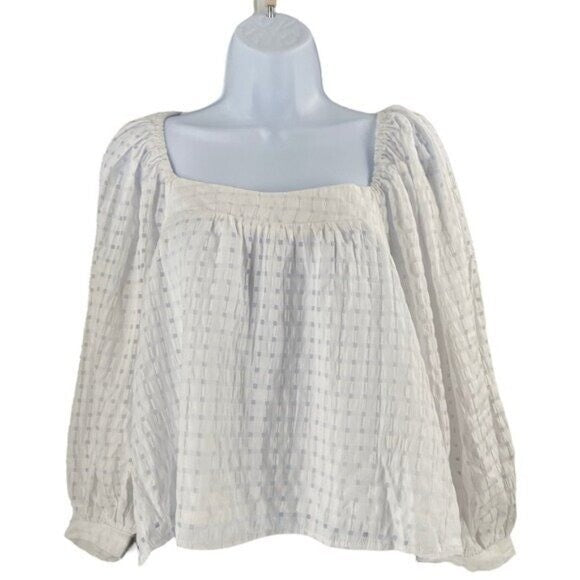 Pomander Place NEW White Textured Bonnie Gingham Puff Sleeve Blouse Size XS