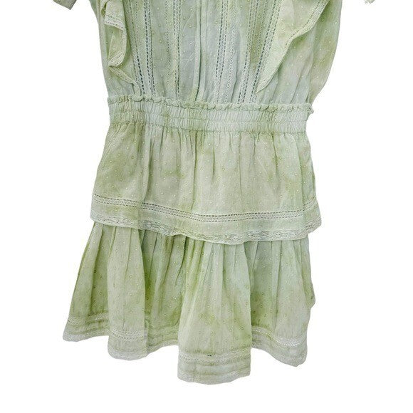 LoveShackFancy Natasha Green Lace Embroidered Tiered Ruffle Mini Dress Size L