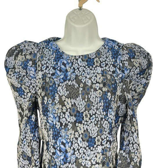 Hyacinth House NEW Blue Jacquard Priscilla Floral Puff Sleeve Blouse Top Size XS