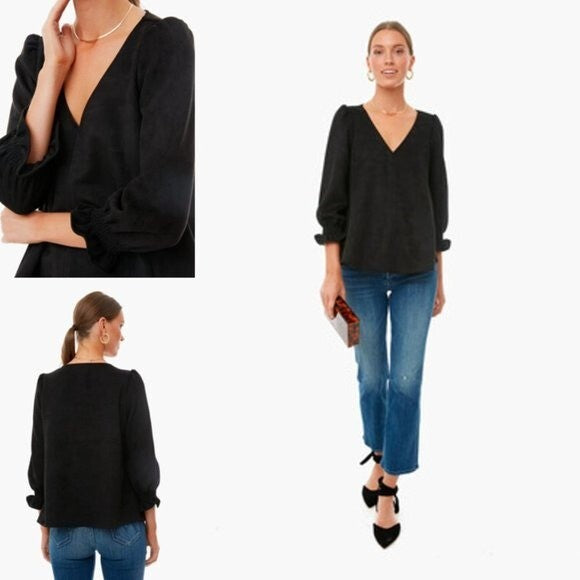 Pomander Place | NEW Easton Swing V Neck Long Sleeve Blouse in Black Size XS