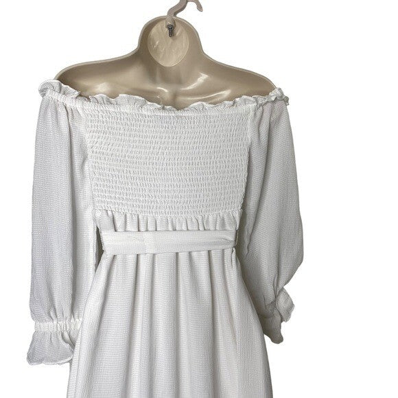 1. STATE NEW Off the Shoulder Smocked Bodice Midi Dress in New Ivory Size XXS