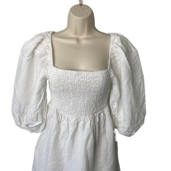 Tuckernuck NEW White Annie Linen Puff Sleeve Classic Smocked Mini Dress Size XS