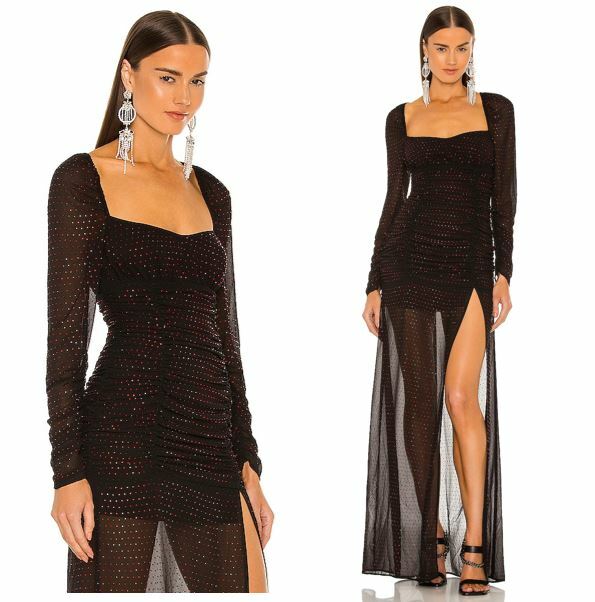 NEW DUNDAS X REVOLVE Stardust Rhinestone Black Semi Sheer Maxi Dress Size S