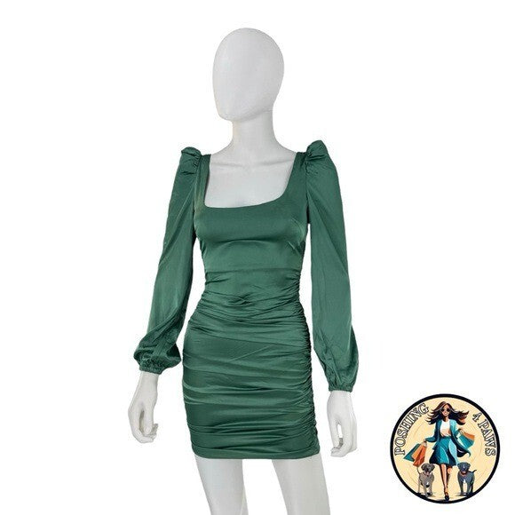 More to Come NEW Green Blaire Long Sleeve Satin Party Mini Dress Size XXS