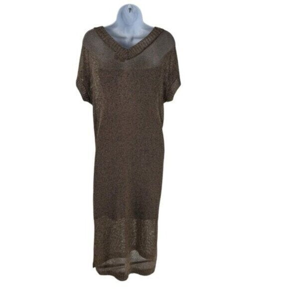 Tuckernuck Bronze Metallic Knit Mesh V Neck Short Sleeve Midi Dress Size L