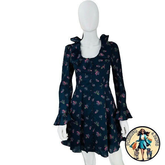 Hyacinth House NEW Navy Floral Ruffle Neck Norah Long Sleeve Mini Dress XS