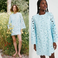 Tuckernuck NEW Aqua Floral Lace Camilla Long Flared Sleeve Mini Dress Size L