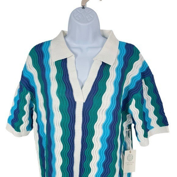 Hyacinth House NEW Aqua Wavy Sammie Blue White Coastal Knit Mini Dress Size XL