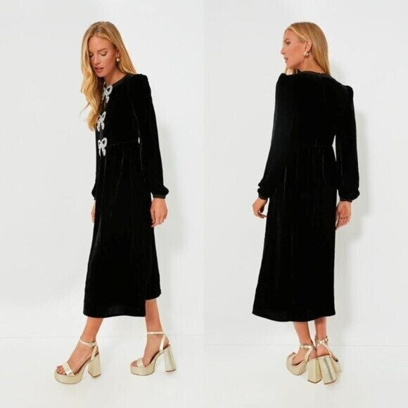 Saloni NEW Velvet Camille Bows Long Sleeve Formal Elegant Midi Dress Size 2