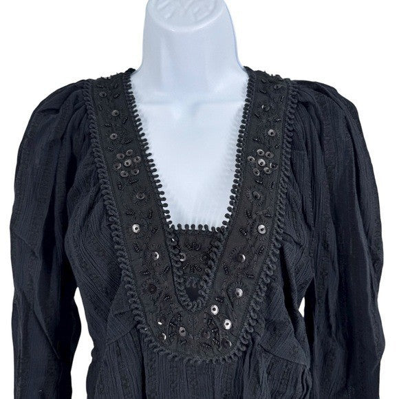 Sea New York NEW Charlotte Black Embellished Long Sleeve V Neck Top Size XS