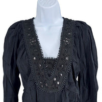 Sea New York NEW Charlotte Black Embellished Long Sleeve V Neck Top Size XS