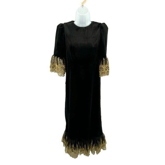 NEW Pomander Place Black Velvet Lillith Gold Embroidered Lace Maxi Dress Size S