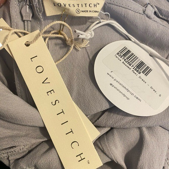 Lovestitch X Petal & Pup | NEW Tanya Beaded Maxi Dress in Grey Size S