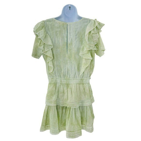 LoveShackFancy Natasha Green Lace Embroidered Tiered Ruffle Mini Dress Size L