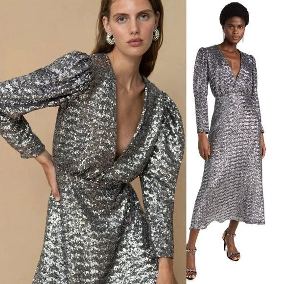 BORGO DE NOR NEW Bernadette Sequin Crepe Formal Long Sleeve Maxi Dress Size XS