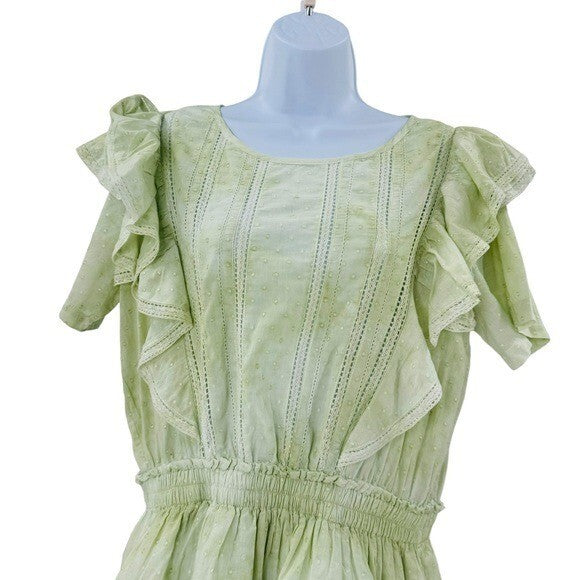 LoveShackFancy Natasha Green Lace Embroidered Tiered Ruffle Mini Dress Size L