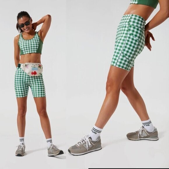 Tuckernuck NEW Sport Trellis Gingham Green White Biker Athletic 6" Shorts Size S