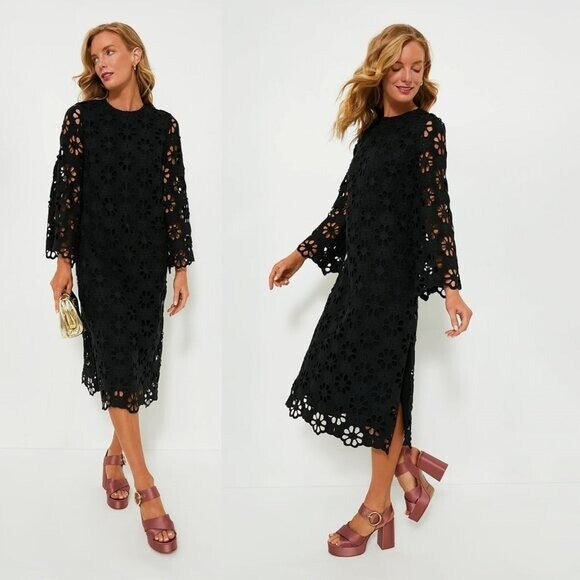 Tuckernuck NEW Noir Eyelet Hutton Long Sleeve Cotton Formal Midi Dress Size XS