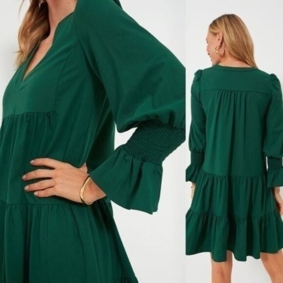 Pomander Place NEW Hunter Green Crepe Kenzo Long Sleeve Party Mini Dress Size S
