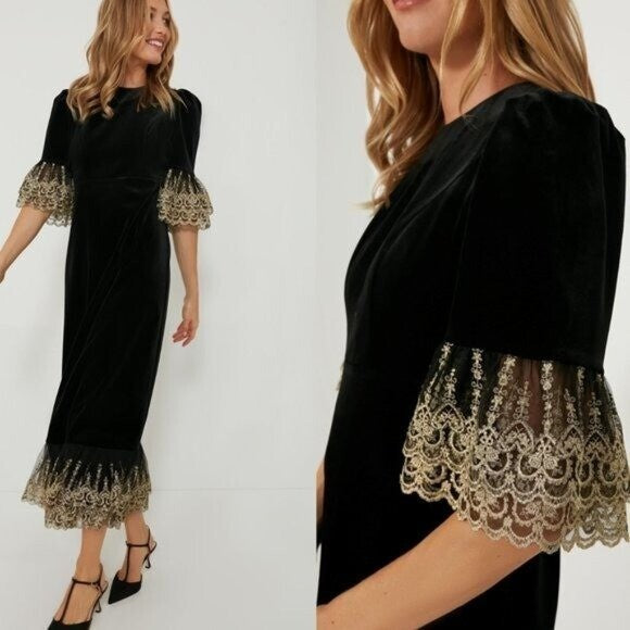 NEW Pomander Place Black Velvet Lillith Gold Embroidered Lace Maxi Dress Size XS