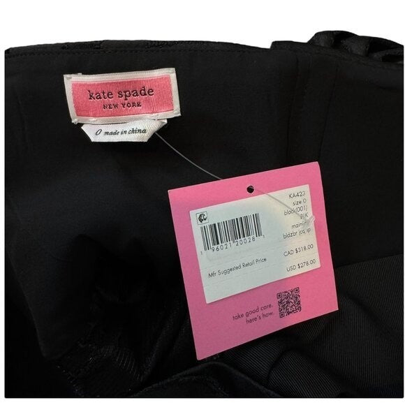 Kate Spade NEW Black Bold Zebra Jacquard Square Neck Peplum Blouse Top Size 0