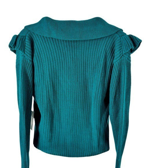 Tuckernuck NEW Hyacinth House Teal Ruffle Casey Collared V-Neck Sweater Size XS