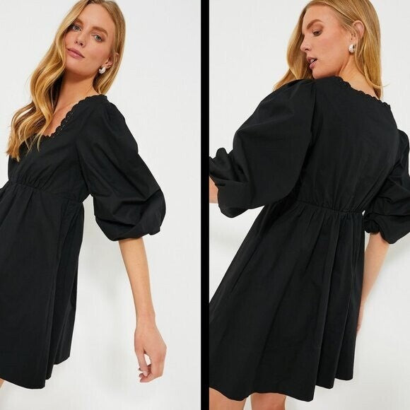 Pomander Place NEW Black Jenny Corset Puff Sleeve Cotton Mini Dress M