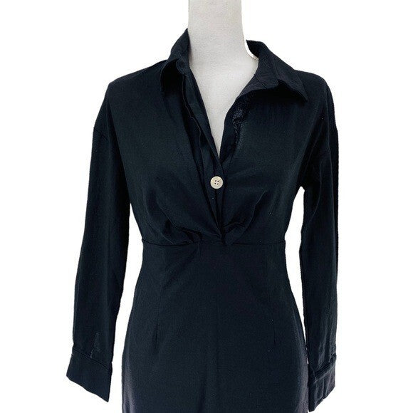 Petal & Pup NEW Monrow Black Preppy Long Sleeve Linen Midi Shirt Dress Size 4