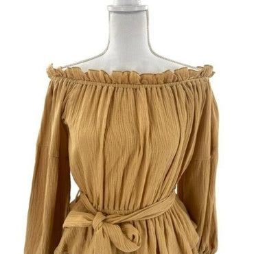 Petal & Pup NEW Callie Off the Shoulder Gauzy Ruffle Mini Dress Yellow Size M