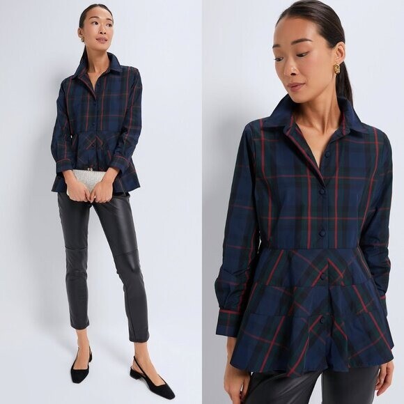 Pomander Place NEW Fraser Navy Plaid Ashlen Peplum Long Sleeve Blouse Top Size M
