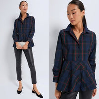 Pomander Place NEW Fraser Navy Plaid Ashlen Peplum Long Sleeve Blouse Top Size M