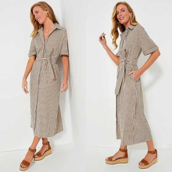 Pomander Place NEW Brown Gingham Seersucker Zacara Maxi Dress Size XL
