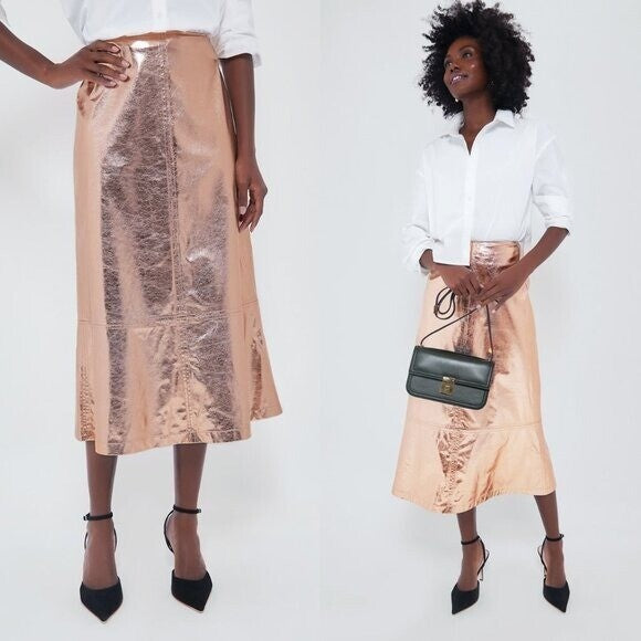 Tuckernuck x India Hicks NEW Gold Metallic London A Line Midi Skirt Size 4