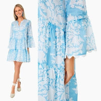 Juliet Dunn NEW Pastel Blue Palladio Flared Sleeve Mini Dress Blue White Size S