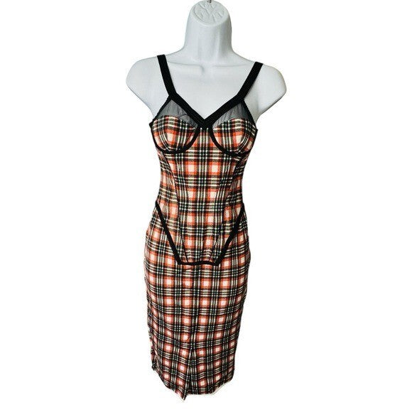 Burberry NEW Corset Red Black Nova Check Plaid Bodycon Midi Dress Size 2