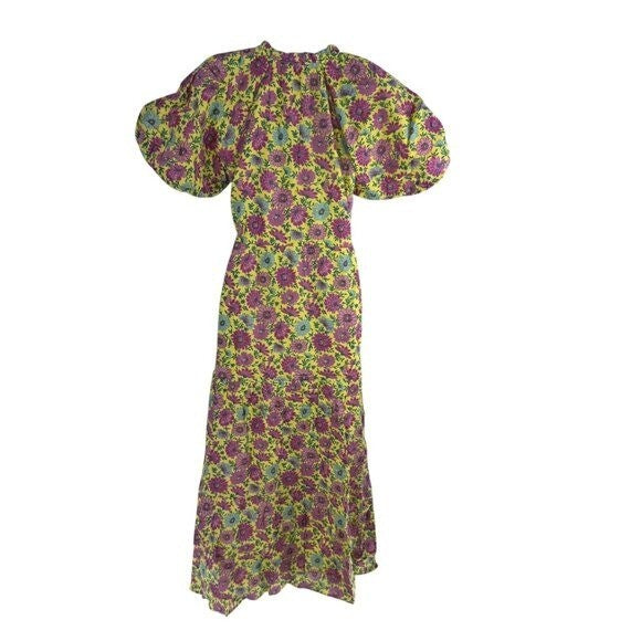 Banjanan NEW Poppy Puff Sleeve Daisy Floral Yellow Purple Maxi Dress Size M