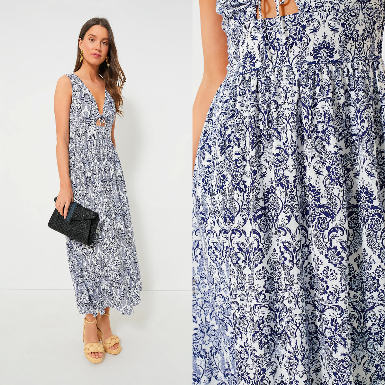 Hyacinth House NEW Navy Scroll Print Toula V Neck Sleeveless Maxi Dress Size L