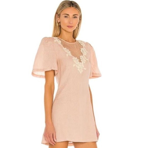Tularosa | NEW Levy Embroidered Linen Puff Sleeve Mini Dress in Natural Size XS