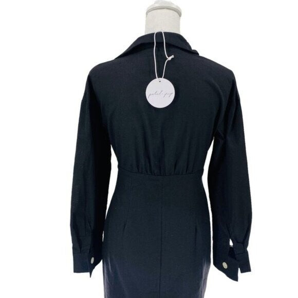 Petal & Pup NEW Monrow Black Preppy Long Sleeve Linen Midi Shirt Dress Size 2