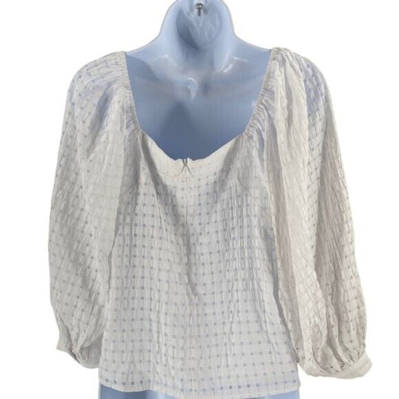 Pomander Place NEW White Textured Bonnie Gingham Puff Sleeve Blouse Size XS