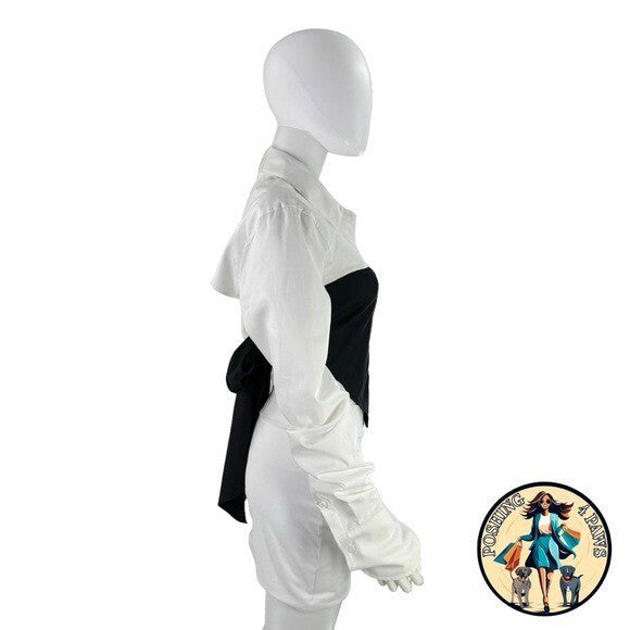 LOBA NEW Augstina Cropped Bow Preppy Button Up in Black and White Size XL