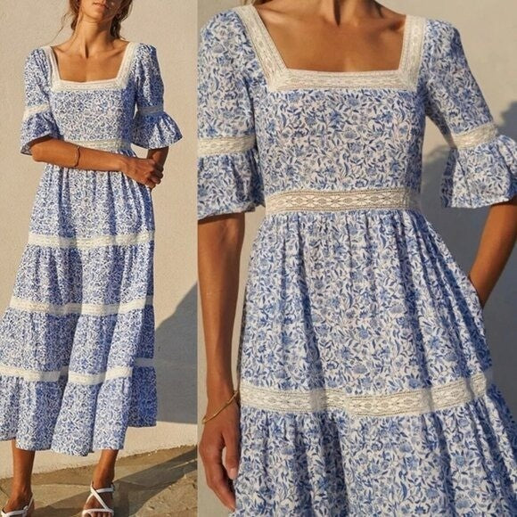 Pink City Prints NEW Celine Sky Chintz Blue Lace Floral Maxi Dress Size S