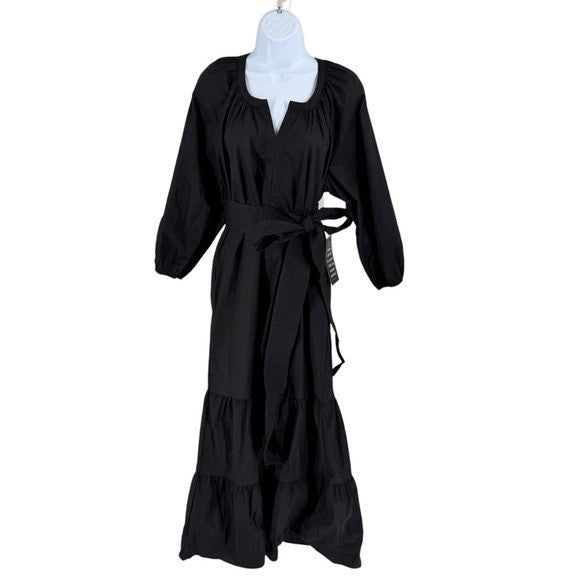 Tuckernuck NEW Black Lyles 3/4 Sleeve Belted Classic Cotton Maxi Dress Size L