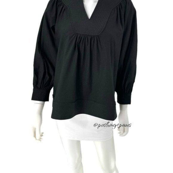 Pomander Place | NEW Black Koa Long Sleeve Notched Neckline Blouse Size Small
