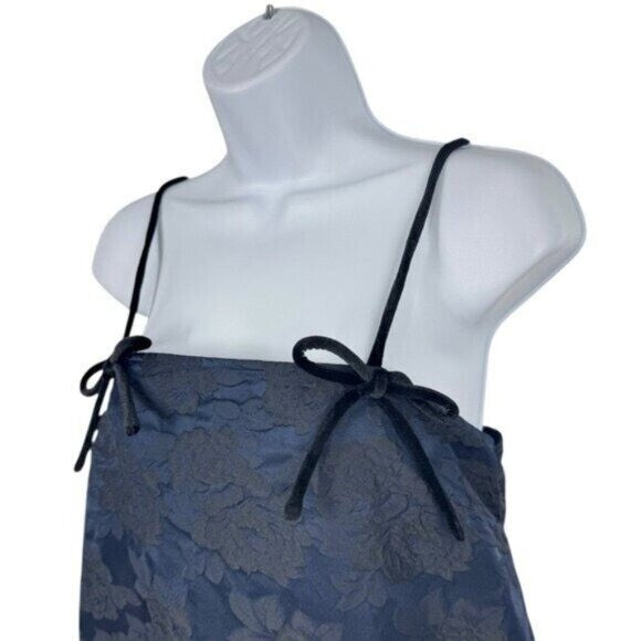 GANNI NEW Navy Blue Botanical Jacquard Formal Bow Strap Midi Dress Size 8