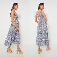 Hyacinth House NEW Navy Scroll Print Toula V Neck Sleeveless Maxi Dress Size L